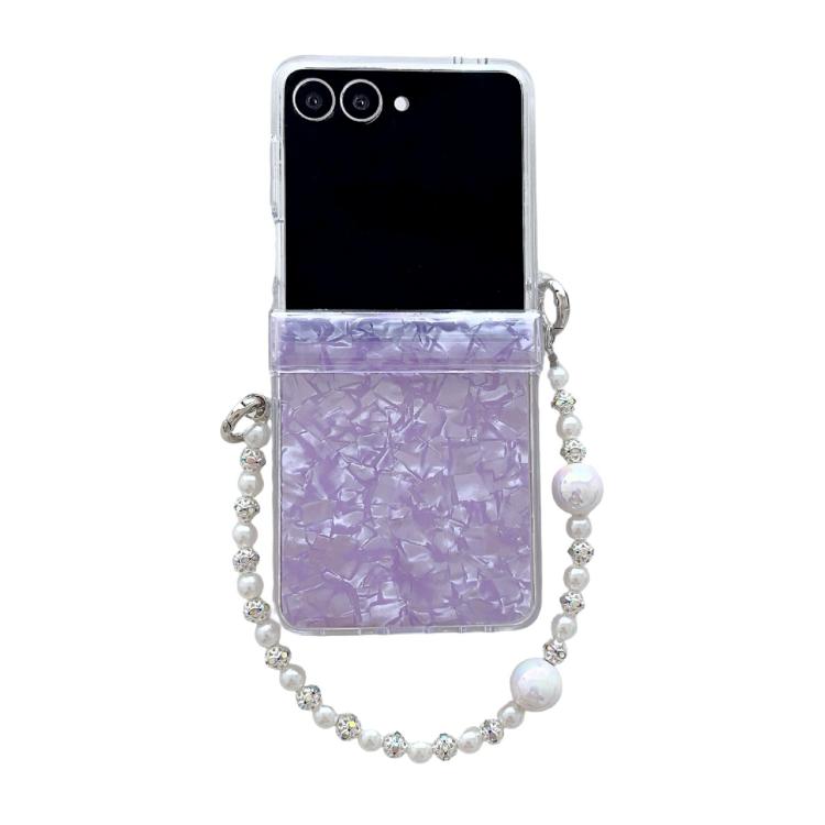 Funda para Samsung Galaxy Z Flip7 5G con textura perlada de tres piezas y pulsera (morado)