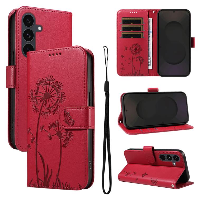 Funda de cuero con tapa y estampado de diente de león en relieve para Samsung Galaxy S25 FE 5G (roja)