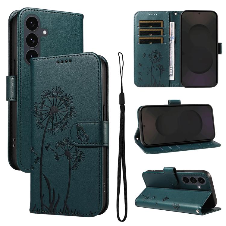 Funda de cuero con tapa y estampado de diente de león en relieve para Samsung Galaxy S25 FE 5G (azul)