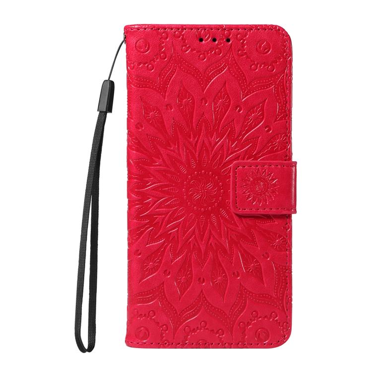 Funda de cuero con tapa y estampado de girasoles en relieve para Samsung Galaxy S25 FE 5G (roja)