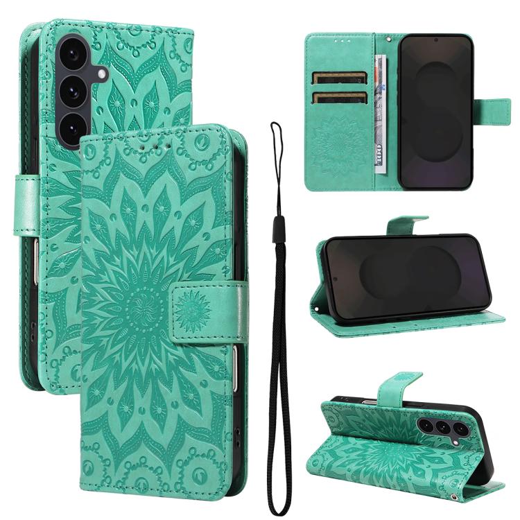 Funda de cuero con tapa y estampado de girasol en relieve para Samsung Galaxy S25 FE 5G (verde)