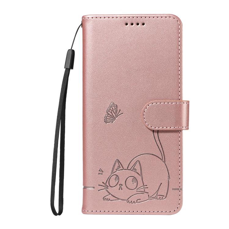 Funda de cuero con tapa y estampado de gato adorable para Samsung Galaxy S25 FE 5G (oro rosa)