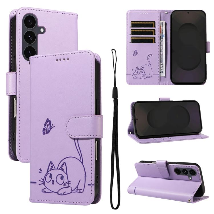 Funda de cuero con tapa y estampado de gato adorable para Samsung Galaxy S25 FE 5G (morado)