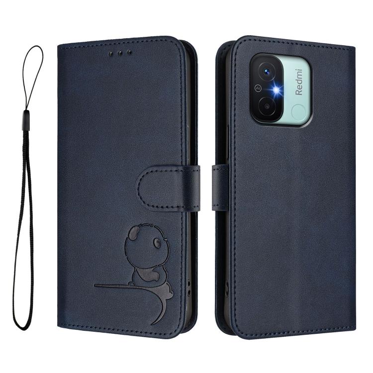 Funda de cuero RFID con estampado de panda y cordón para Redmi 11A / Xiaomi Poco C55 (azul)