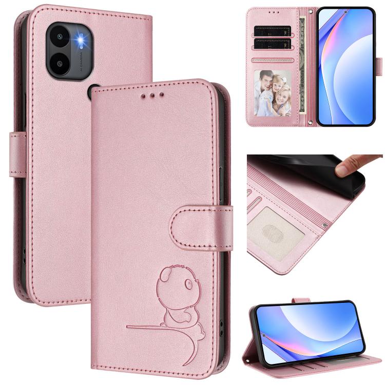 Funda de piel con relieve RFID y cordón para Redmi A1+ / A2+ / Poco C50 / C51 (rosa)