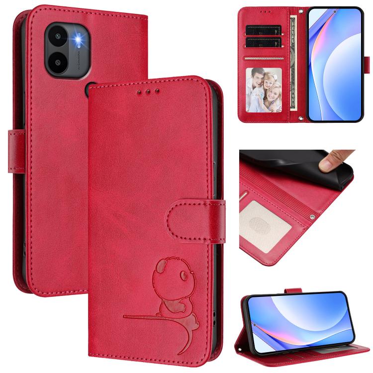 Funda de piel con estampado de panda y RFID para Redmi A1+ / A2+ / Poco C50 / C51 con cordón (rosa)