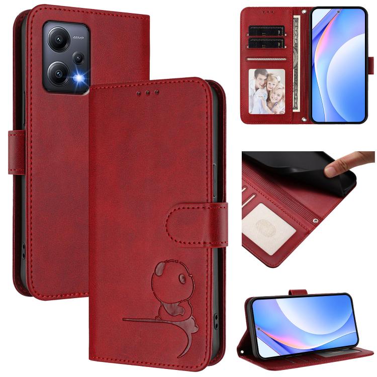 Funda de cuero RFID con estampado de panda y cordón para Redmi Note 12 5G Global/India (rojo vino)