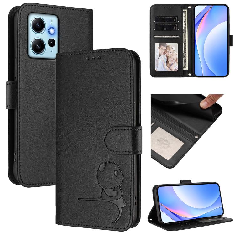 Funda de cuero con estampado RFID y cordón para Redmi Note 12 4G Global Litter Panda (negro)