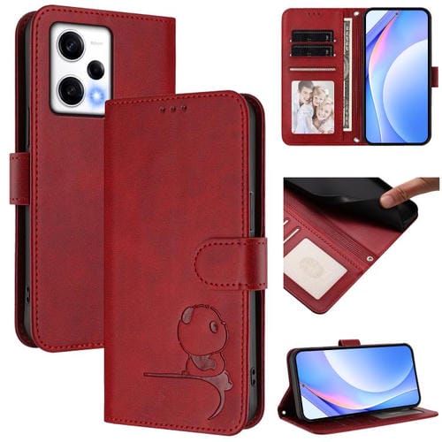 Funda de cuero RFID con estampado de panda y cordón para Redmi Note 12 Pro 5G (Global/India) (rojo vino)