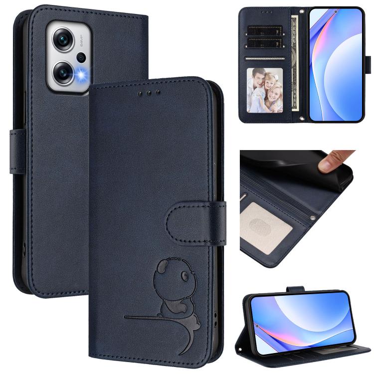 Funda de cuero RFID con estampado de panda y cordón para Redmi Note 12T Pro / Poco X4 GT (azul)