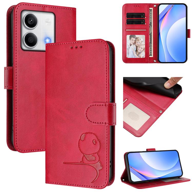 Funda de cuero RFID con estampado de panda y cordón para Redmi Note 13 5G (rosa)