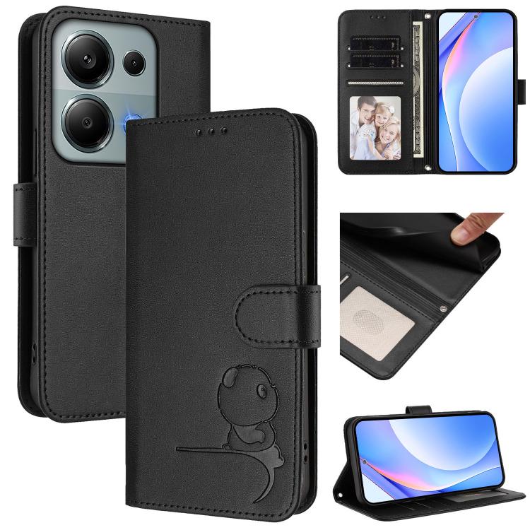 Funda de cuero RFID con estampado de panda y cordón para Redmi Note 13 Pro 4G / Note 14S (negra)