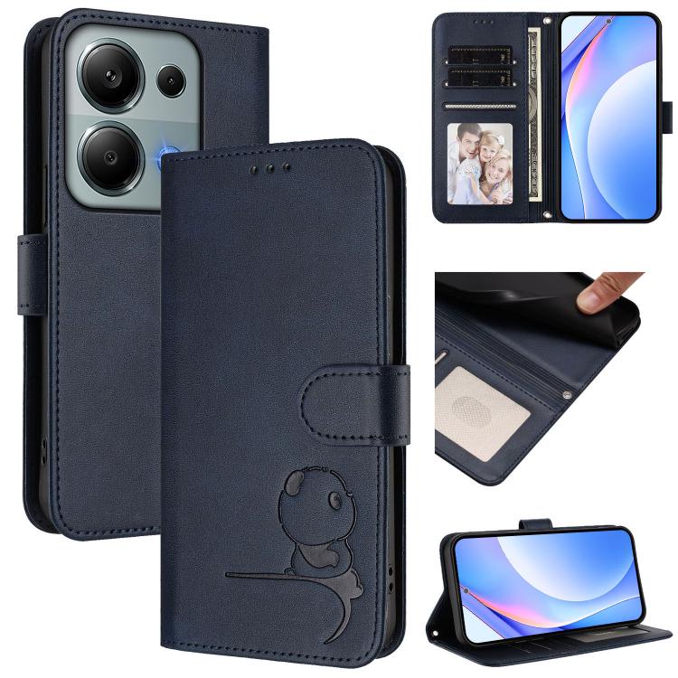 Funda de cuero RFID con estampado de panda y cordón para Redmi Note 13 Pro 4G / Note 14S (azul)