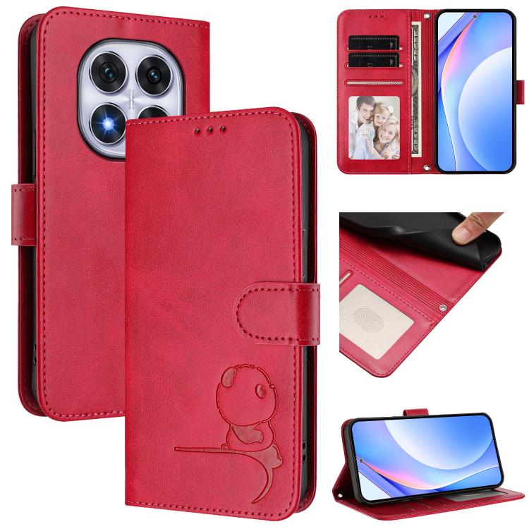 Funda de cuero RFID con estampado de panda y cordón para Redmi Note 14 Pro 4G (rosa)