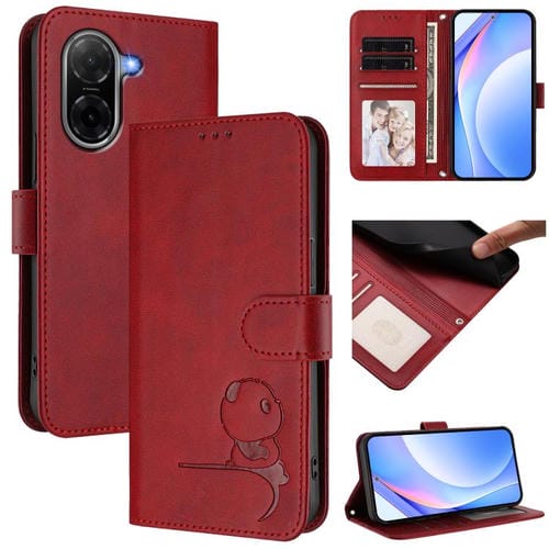 Funda de cuero RFID con grabado de panda para Redmi A5 4G (173,3 mm) con cordón (rojo vino)