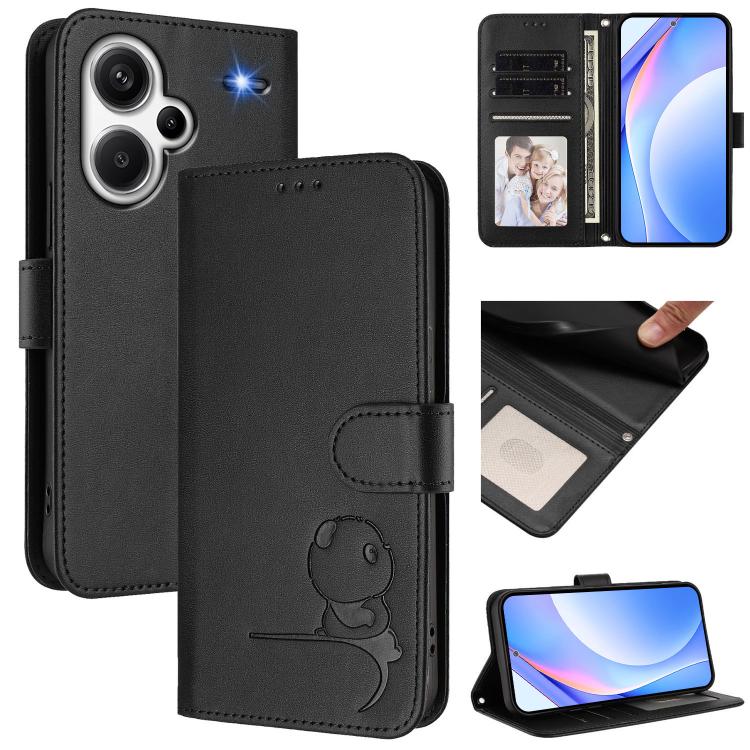Funda de cuero RFID con estampado de panda y cordón para Redmi Note 13 Pro+ 5G (negra)