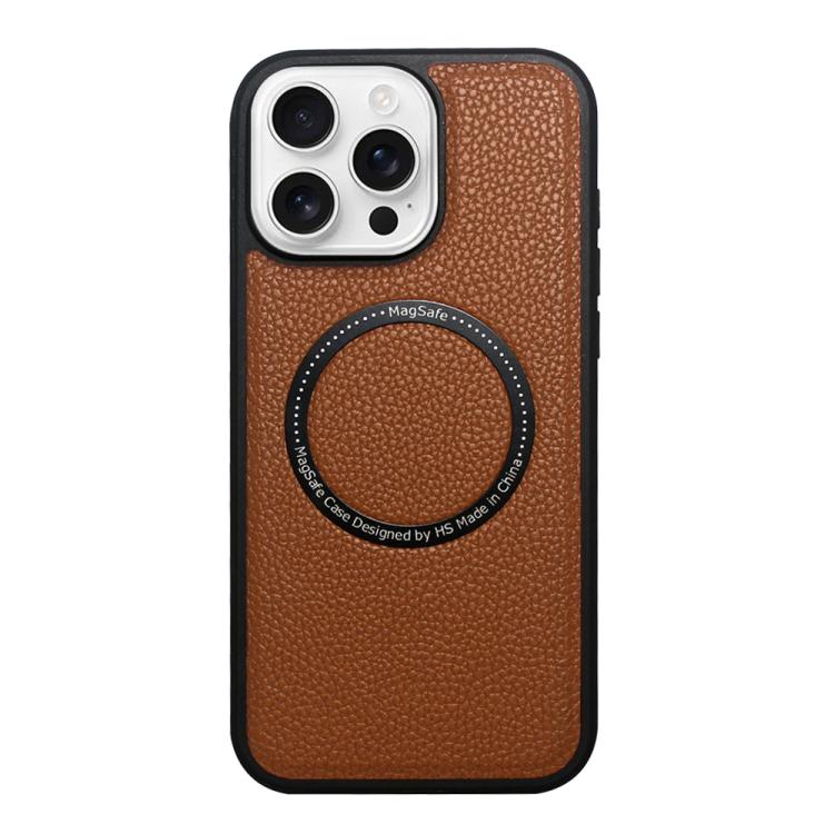 Funda trasera MagSafe de PU con textura de lichi para iPhone 16 Pro Max (marrón)
