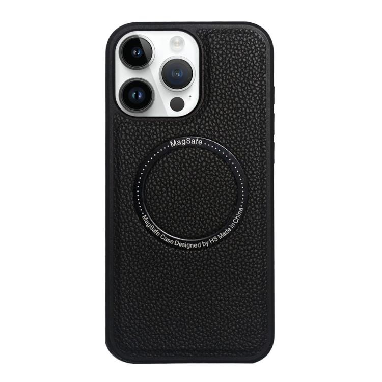 Funda trasera MagSafe de PU con textura de lichi para iPhone 14 Pro Max (negra)