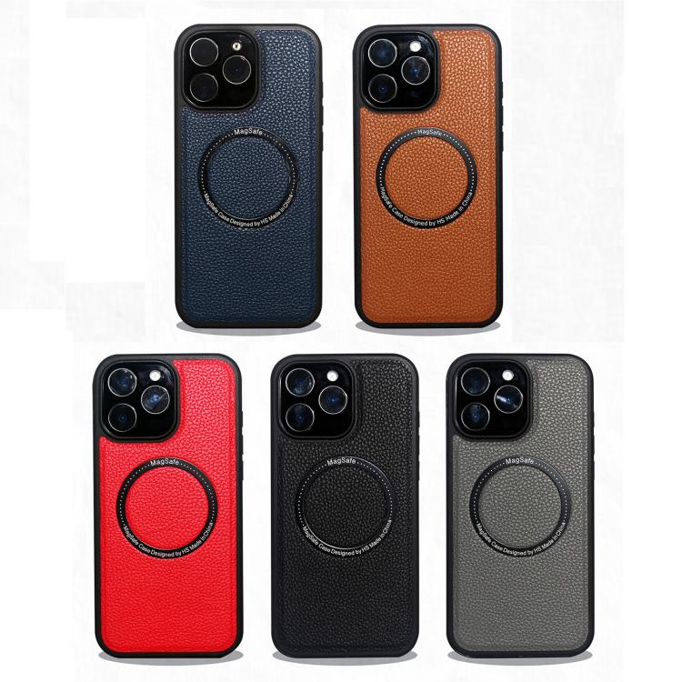 Funda trasera MagSafe de PU con textura de lichi para iPhone 15 Pro (negra)