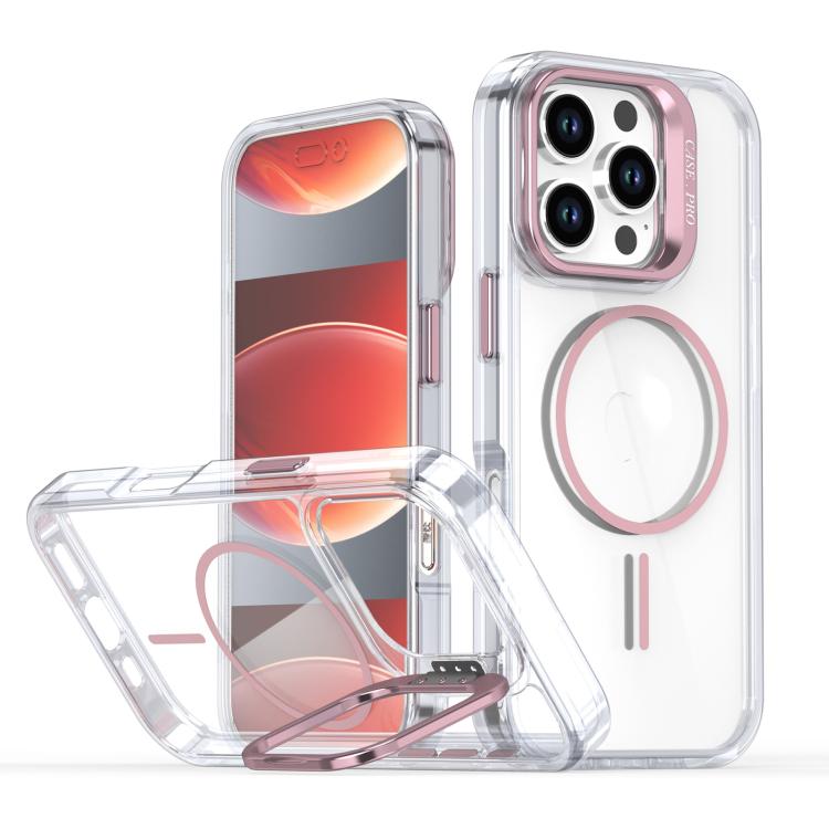 Funda para iPhone 16 Pro, color brillante, transparente, con marco para lente MagSafe (rosa)