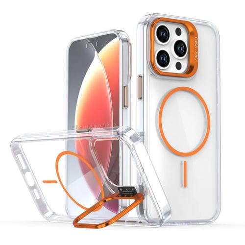Funda para iPhone 15 Pro con marco de lente MagSafe transparente y brillante (naranja)
