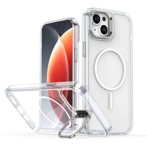 Funda para iPhone 15 con marco de lente MagSafe transparente y brillante (blanco)