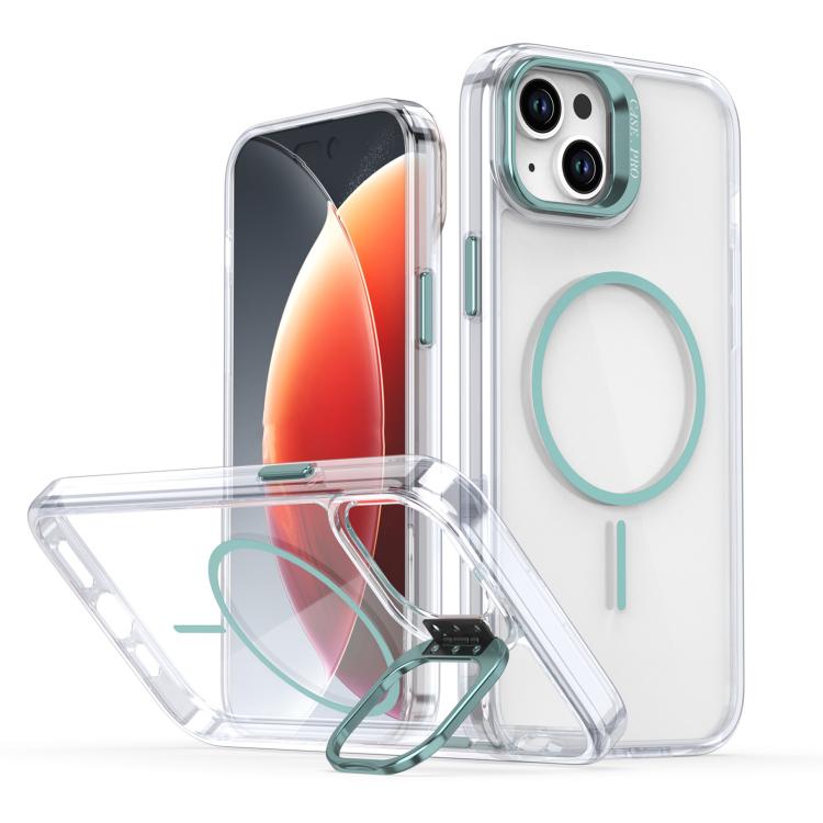 Funda para iPhone 14 Plus con marco de lente MagSafe transparente y brillante (azul)