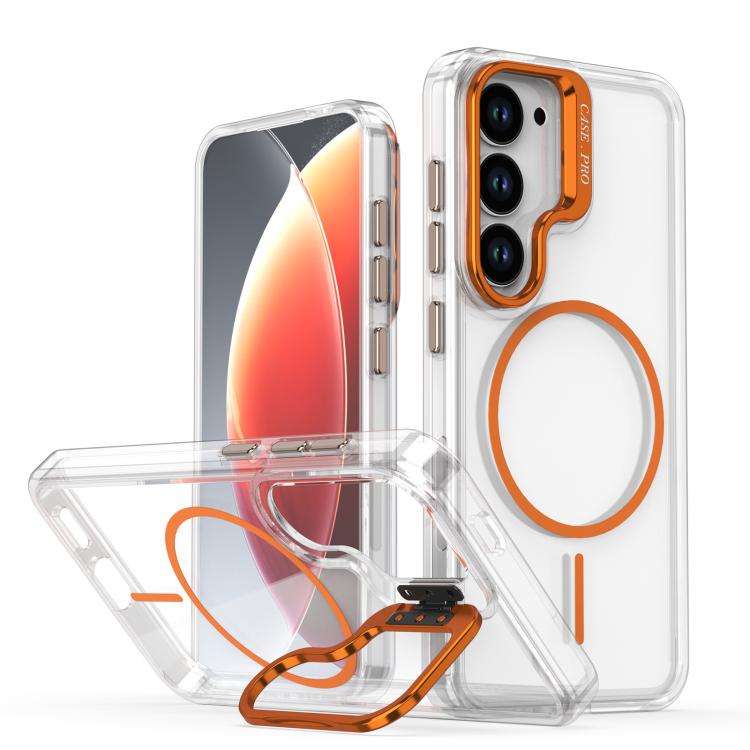 Funda para Samsung Galaxy S23 5G con marco de lente MagSafe transparente y brillante (naranja)
