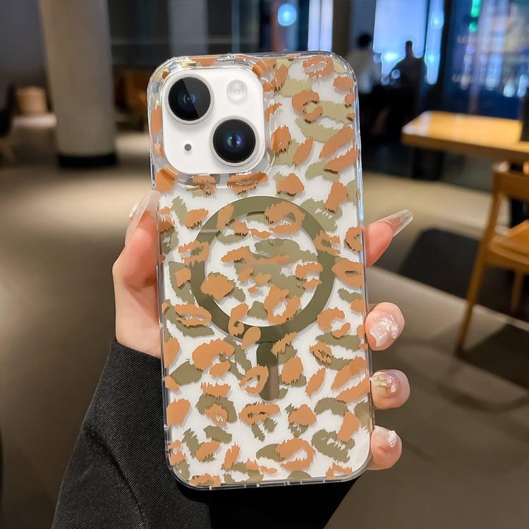Funda Leopard MagSafe con laminado IMD de doble cara para iPhone 15 Plus (café amarillo)