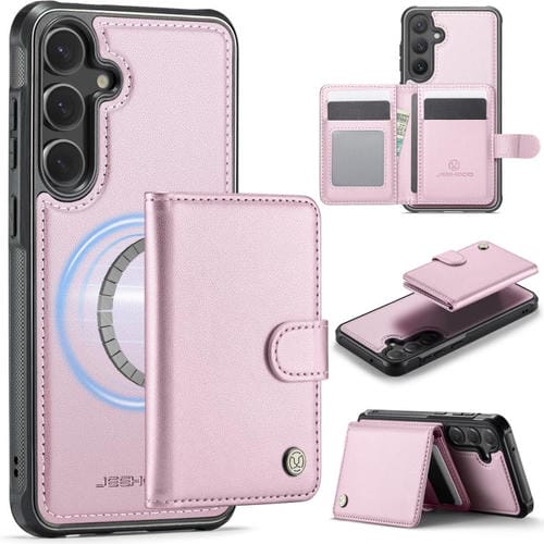 For Samsung Galaxy S23 FE 5G JEEHOOD J09 Buckle Card Bag MagSafe Magnetic Style RFID Leather Phone Case(Pink)