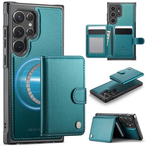 For Samsung Galaxy S22 Ultra 5G JEEHOOD J09 Buckle Card Bag MagSafe Magnetic Style RFID Leather Phone Case(Green)