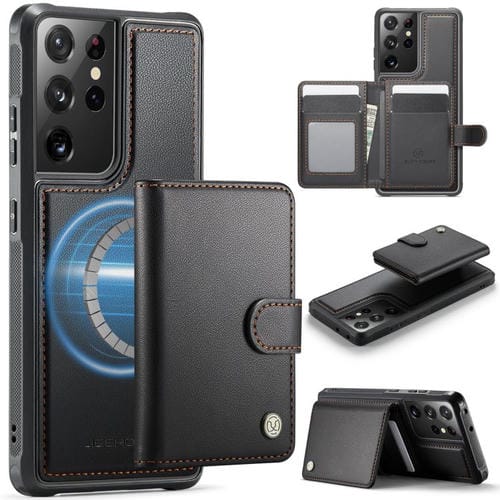 Funda de cuero con hebilla magnética para Samsung Galaxy S21 Ultra 5G JEEHOOD J09, con ranuras para tarjetas, estilo RFID y MagSafe (negro)