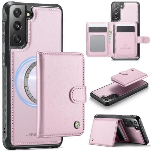 Funda de cuero con hebilla magnética para Samsung Galaxy S21 FE 5G JEEHOOD J09, con ranuras para tarjetas, estilo RFID y MagSafe (rosa)