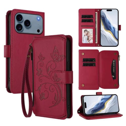 Funda de cuero con cremallera para iPhone 17 Pro Max, diseño de mariposas, flores y amor (rojo vino)