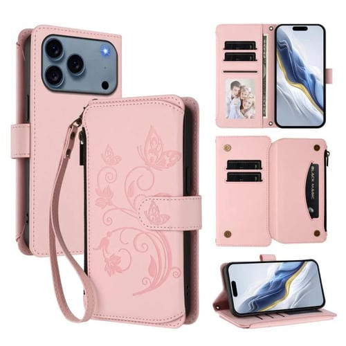 Funda de cuero con cremallera para iPhone 17 Pro, diseño de mariposas, flores y amor (rosa)