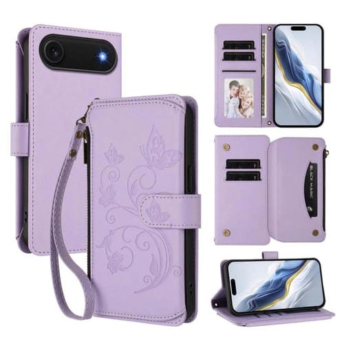 Funda de cuero con cremallera para iPhone 17 Air, diseño de mariposas y flores, con múltiples tarjetas (morado claro)