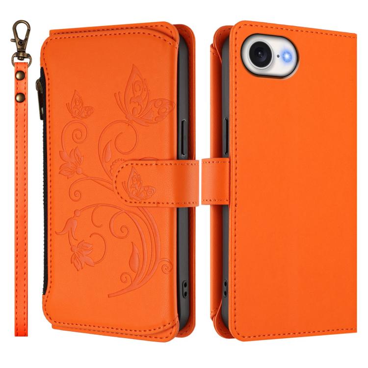 Funda de cuero con cremallera para iPhone 16e, diseño de mariposas, flores y amor (naranja)