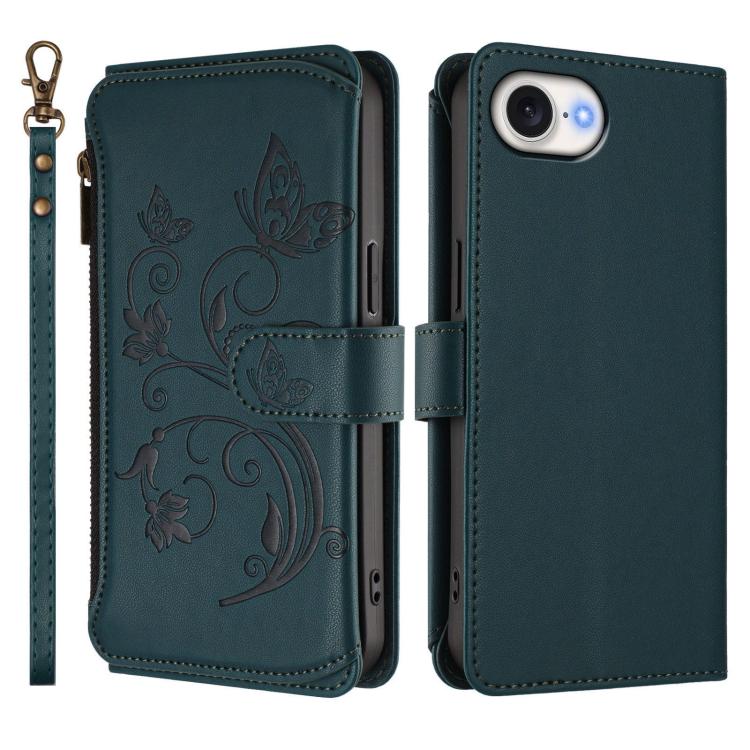 Funda de cuero con cremallera para iPhone 16e, diseño de mariposas, flores y amor (verde oscuro)