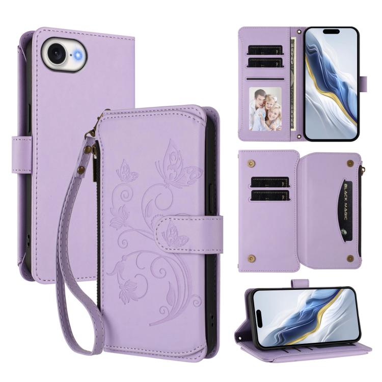 Funda de cuero con cremallera para iPhone 16e, diseño de mariposas, flores y amor (morado claro)