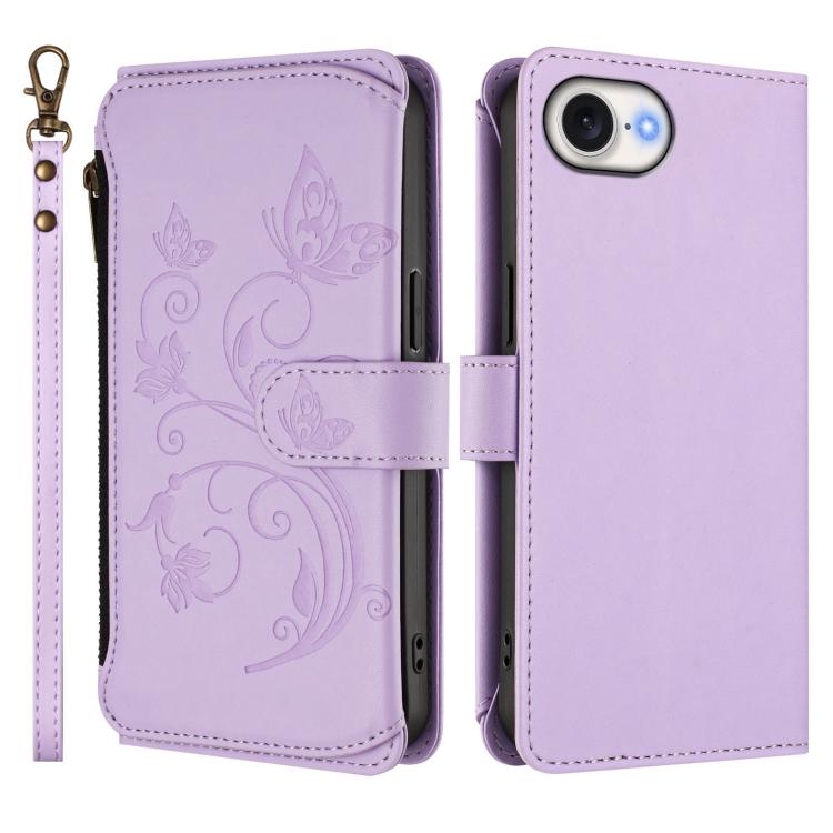 Funda de cuero con cremallera para iPhone 16e, diseño de mariposas, flores y amor (morado claro)