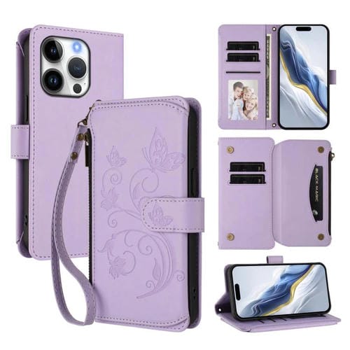 Funda de cuero con cremallera para iPhone 16 Pro Max, diseño de mariposas, flores y amor (morado claro)