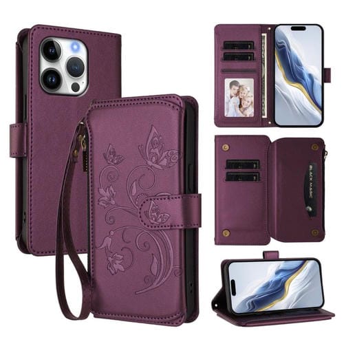 Funda de cuero con cremallera para iPhone 16 Pro, diseño de mariposas, flores y amor (morado oscuro)