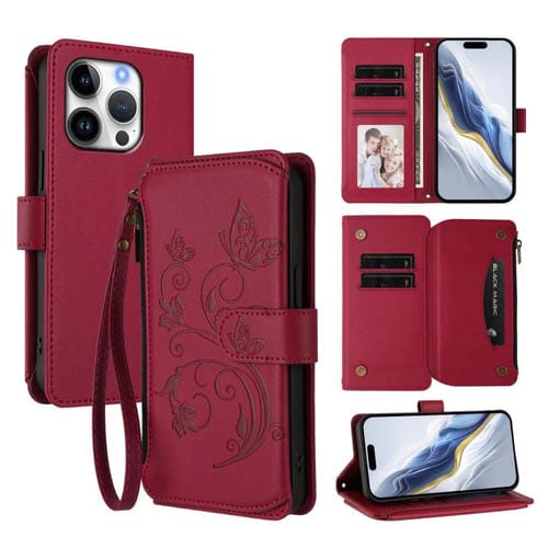 Funda de cuero con cremallera para iPhone 16 Pro, diseño de mariposas, flores y amor (rojo vino)