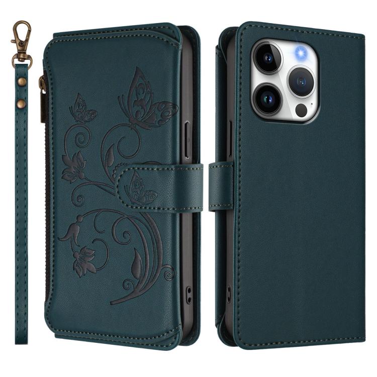 Funda de cuero con cremallera para iPhone 16 Pro, diseño de mariposas, flores y amor (verde oscuro)