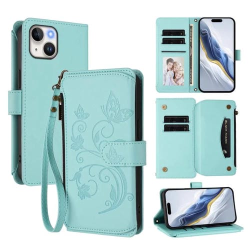 Funda de cuero con cremallera para iPhone 15 Plus, diseño de mariposas, flores y amor (verde menta)