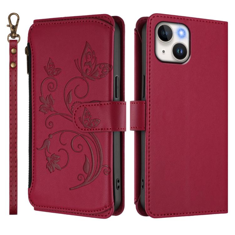 Funda de cuero con cremallera para iPhone 14/13, diseño de mariposas, flores y amor (rojo vino)