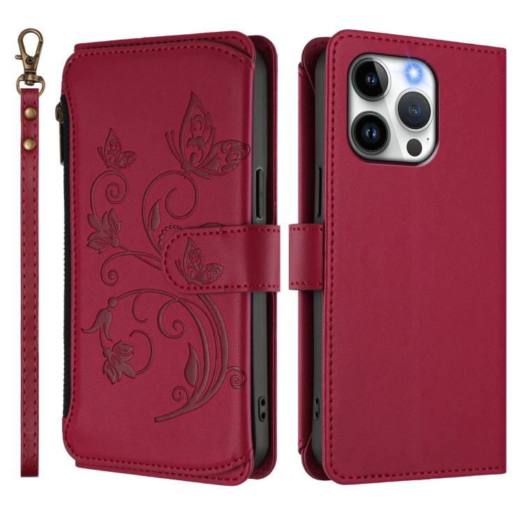Funda de cuero con cremallera para iPhone 14 Pro, diseño de mariposas, flores y amor (rojo vino)