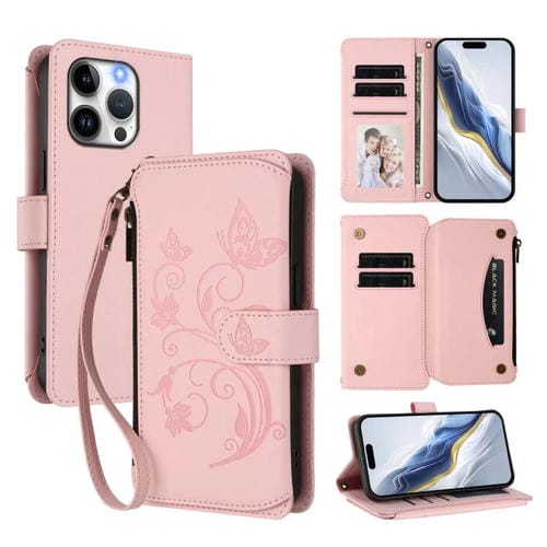 Funda de cuero con cremallera para iPhone 14 Pro, diseño de mariposas, flores y amor, con múltiples tarjetas (rosa)