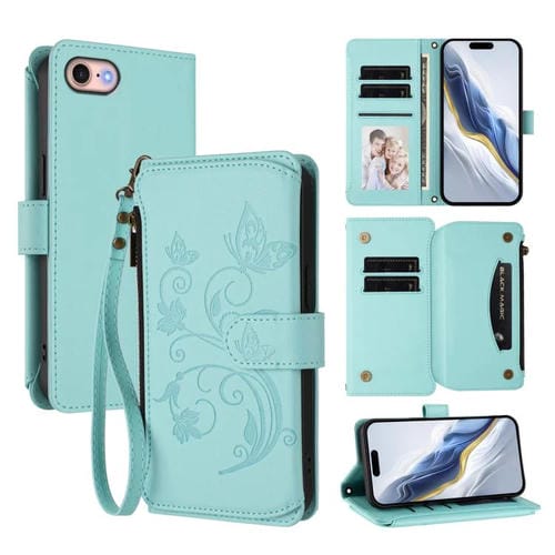 Funda de cuero con cremallera para iPhone 7/8/SE 2022, diseño de mariposas, flores y amor (verde menta)