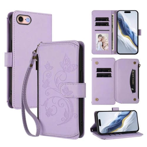 Funda de cuero con cremallera para iPhone 7/8/SE 2022, diseño de mariposas, flores y amor (morado claro)